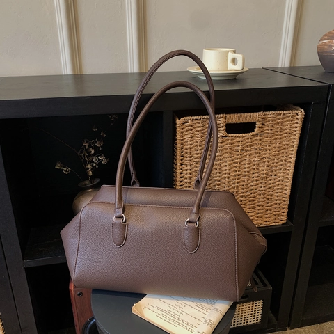 Damen Umhängetasche PU Leder Litchi Narbung Große Kapazität Minimalistische Pendler Handtasche Schicke Vintage Bowling Tote