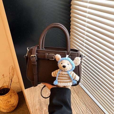 Women Retro Handbag PU Leather Lychee Pattern Tote Crossbody Bag With Teddy Bear Charm Elegant Top Handle Commuter Purse