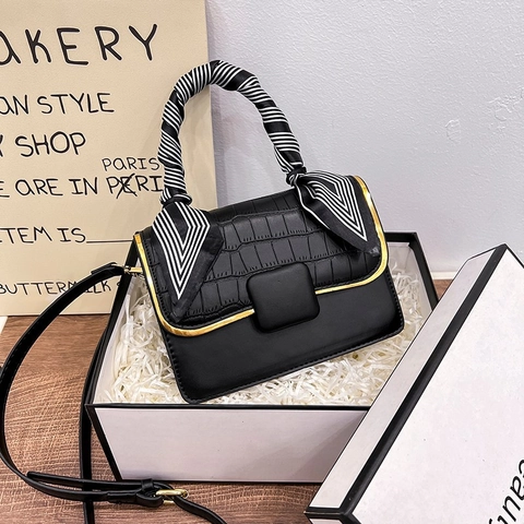 Women PU Leather Crossbody Bag Faux Crocodile Pattern Satin Scarf Wrapped Handle Elegant Shoulder Handbag Square Shape