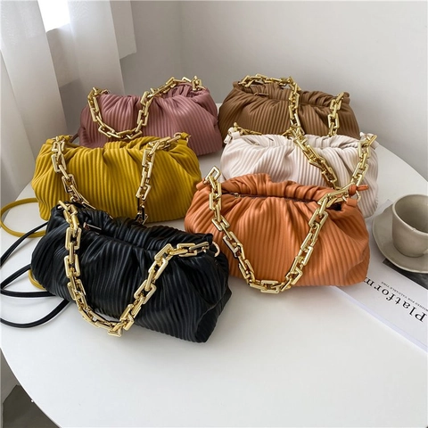 Women Pleated Cloud Bag PU Leather Thick Gold Chain Underarm Shoulder Crossbody Handbag Fashionable Versatile