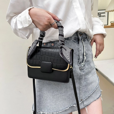 Women PU Leather Crossbody Bag Faux Crocodile Pattern Satin Scarf Wrapped Handle Elegant Shoulder Handbag Square Shape