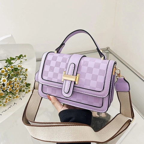 Women Crossbody Handbag PU Leather Checkerboard Embossed Pattern Wide Fabric Strap Gold Metal Buckle Stylish Versatile Purse