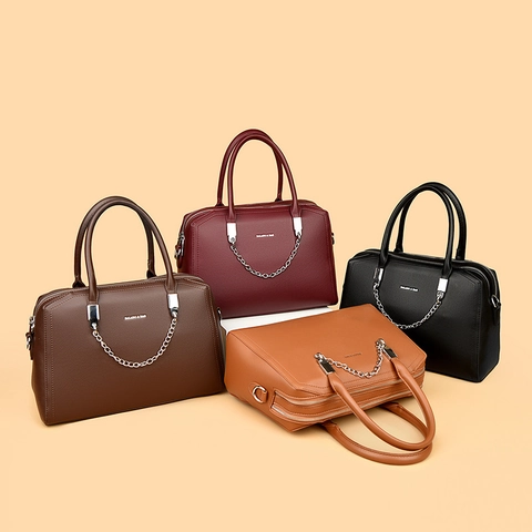 Borsa A Mano Donna PU Motivo Litchi Grande Capacità Borsa A Tracolla Set Decorazione Catena D Argento Elegante
