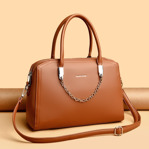 Borsa A Mano Donna PU Motivo Litchi Grande Capacità Borsa A Tracolla Set Decorazione Catena D Argento Elegante