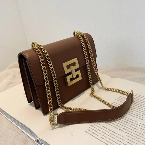 Borsa Tracolla Donna Pelle PU Serratura Geometrica Oro Moda Catena Piccola Borsa Quadrata Retro Patta Spalla