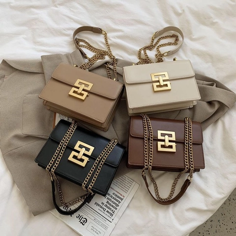 Borsa Tracolla Donna Pelle PU Serratura Geometrica Oro Moda Catena Piccola Borsa Quadrata Retro Patta Spalla