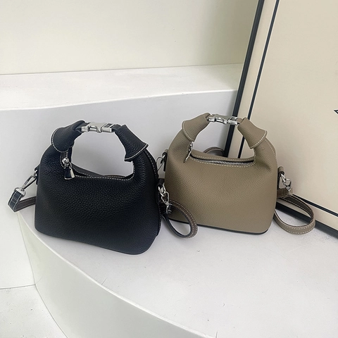 Schicke Damen Handtasche Aus Leder Mit Litchi Prägung Kontrastnähten Schultertasche Verstellbarem Riemen Und Metallverschluss