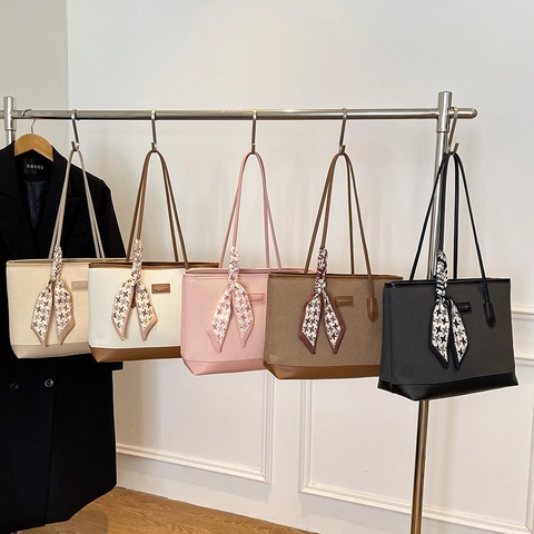Women Large Capacity Tote Bag PU Leather Woven Texture With Satin Scarf Bow Commuter Shoulder Handbag