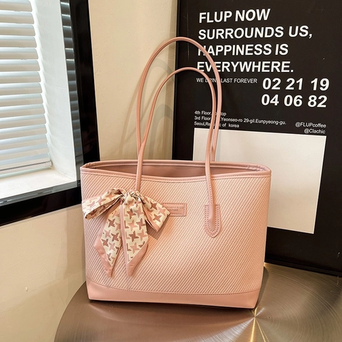 Women Large Capacity Tote Bag PU Leather Woven Texture With Satin Scarf Bow Commuter Shoulder Handbag
