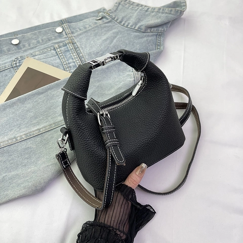 Schicke Damen Handtasche Aus Leder Mit Litchi Prägung Kontrastnähten Schultertasche Verstellbarem Riemen Und Metallverschluss