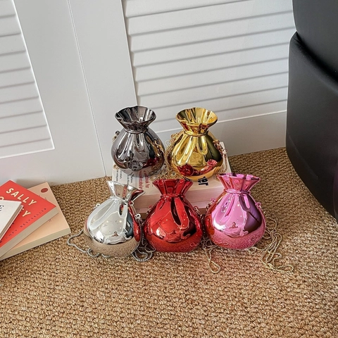 Lucky Bag Shape Mini Evening Bag Acrylic Mirror Electroplated Metal Chain Crossbody Clutch For Women Party Dinner