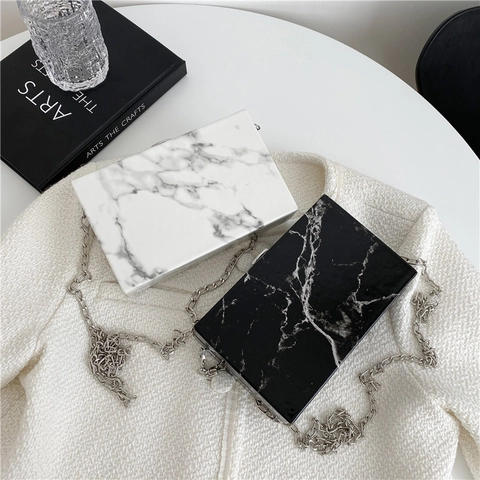 Marble Texture Box Clutch Tasche Damen Hartschale PU Abend Umhängetasche Mit Silberner Metallkette Minimalistische Mode
