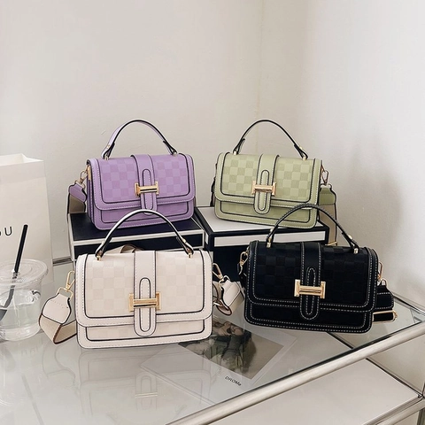 Women Crossbody Handbag PU Leather Checkerboard Embossed Pattern Wide Fabric Strap Gold Metal Buckle Stylish Versatile Purse