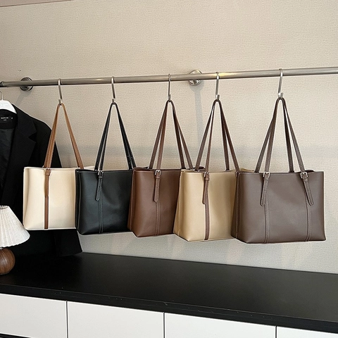 Borsa Tote Grande Capacità Pelle PU Cuciture A Contrasto Tracolla Regolabile Borsa A Mano Commuter Stile Retrò Donna