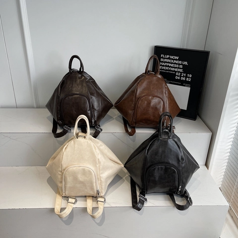 Damen PU Leder Umhängetasche Große Kapazität Geometrischer Rucksack Retro Schlicht Urban Handtasche