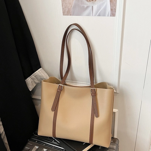 Borsa Tote Grande Capacità Pelle PU Cuciture A Contrasto Tracolla Regolabile Borsa A Mano Commuter Stile Retrò Donna