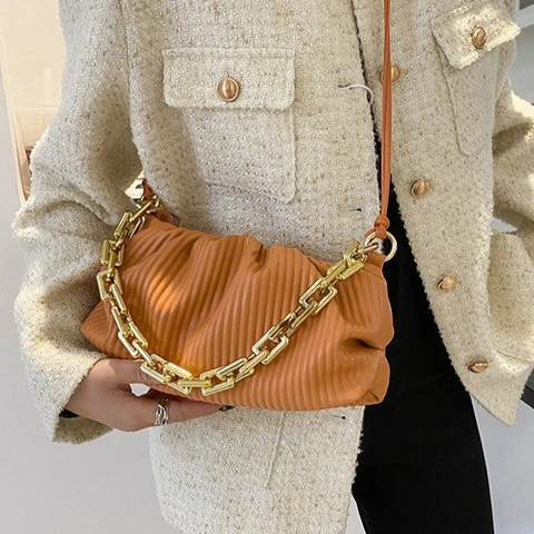 Women Pleated Cloud Bag PU Leather Thick Gold Chain Underarm Shoulder Crossbody Handbag Fashionable Versatile