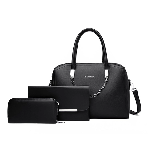 Large Litchi Texture PU Leather Tote Bag With Clutch And Long Wallet Women Vintage Shoulder Bag With Silver Metal Chain