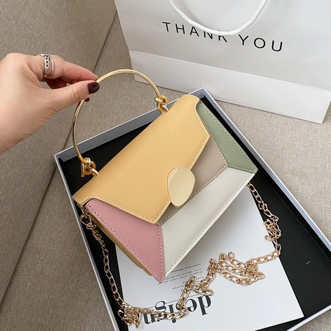 Borsa A Tracolla Patchwork In Pelle PU Geometrica Piccola Borsa A Mano Con Manico In Anello Di Metallo E Tracolla Rimovibile