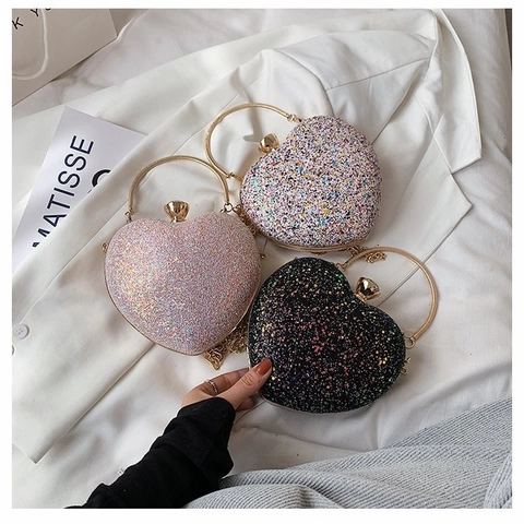Borsa Da Sera A Forma Di Cuore Con Paillettes Glitter E Fibbia In Cristallo Con Tracolla In Catena Di Metallo