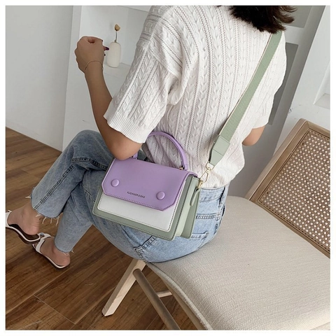 Patchwork PU Leather Crossbody Bag For Women Small Square Handbag With Adjustable Wide Strap Fashion Flap Shoulder Bag