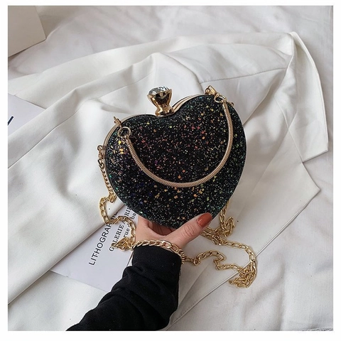 Borsa Da Sera A Forma Di Cuore Con Paillettes Glitter E Fibbia In Cristallo Con Tracolla In Catena Di Metallo