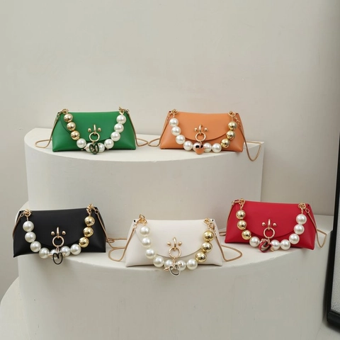 Women PU Leather Handbag Faux Artificial Pearl Gold Bead Handle Metal Chain Shoulder Strap Elegant Small Square Crossbody Bag