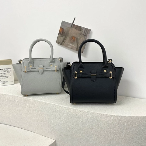Fashion Women Litchi Grain PU Leather Handbag Elegant Trapezoid Satchel Bag Gold Hardware Belt Decor Top Handle Crossbody Purse