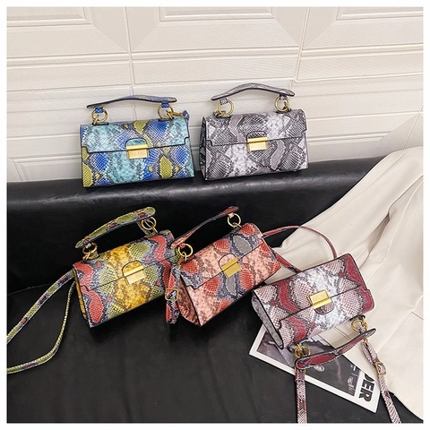 Snake Pattern Small Square Bag PU Leather Crossbody Handbag With Metal Lock Retro Fashion For Women