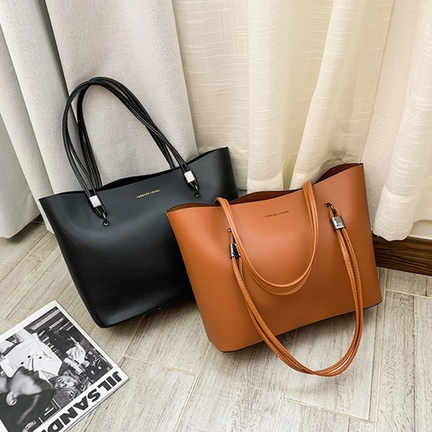 Large Capacity Tote Bag Women PU Leather Retro Solid Color Shoulder Handbag Commuting Office Lady Fashion Bag