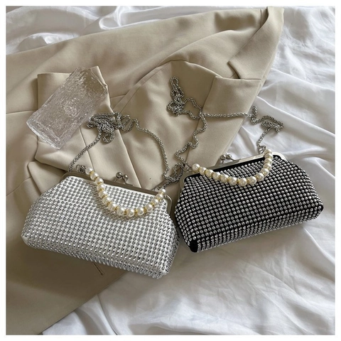 Rhinestone Abendtasche Mit Künstliche Perlengriff Und Metallkette Schulterriemen Für Damen Elegante Party Hochzeit Handtasche