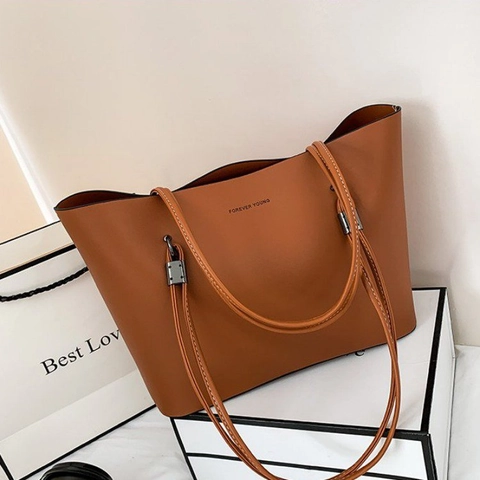 Large Capacity Tote Bag Women PU Leather Retro Solid Color Shoulder Handbag Commuting Office Lady Fashion Bag