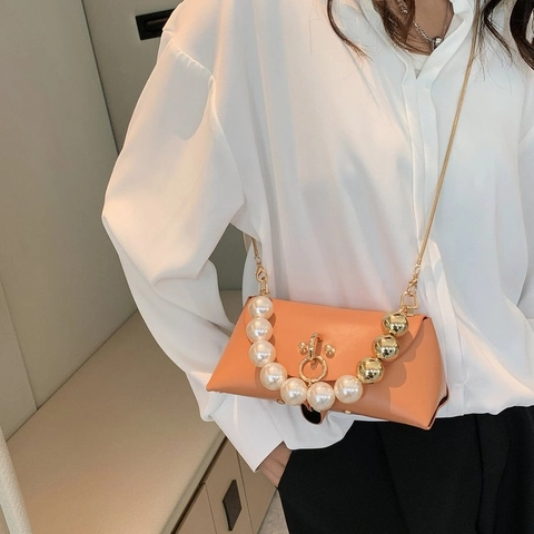 Women PU Leather Handbag Faux Artificial Pearl Gold Bead Handle Metal Chain Shoulder Strap Elegant Small Square Crossbody Bag
