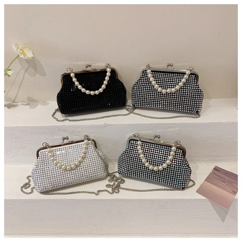 Rhinestone Abendtasche Mit Künstliche Perlengriff Und Metallkette Schulterriemen Für Damen Elegante Party Hochzeit Handtasche