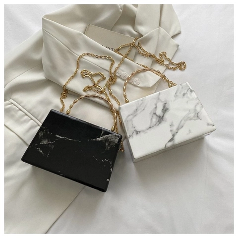 Pochette Boîte À Motif Marbre Avec Poignée En Bambou Doré Et Bandoulière Chaîne Sac De Soirée Pour Femme Élégant