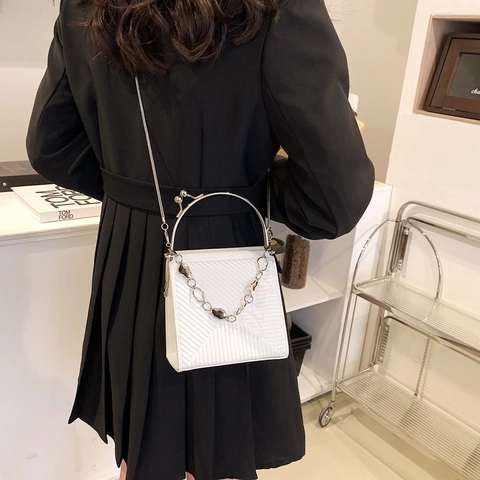 Women Handbag PU Leather Geometric Embossed Metal Round Handle Shoulder Bag Small Square Crossbody Bag Decorative Chain