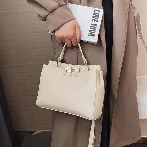 Retro Handtasche Damen PU Leder Mit Litchi Muster Elegante Tote Bag Mit Goldener Drehverschluss Verstellbarer Gurt