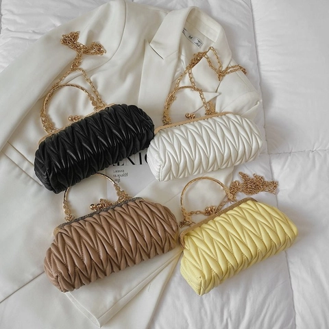 Geraffte Umhängetasche Für Damen Retro Matelassé PU Leder Abendclutch Mit Goldenem Metallgriff Und Abnehmbarem Kettenriemen