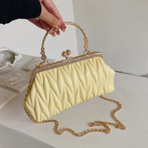 Geraffte Umhängetasche Für Damen Retro Matelassé PU Leder Abendclutch Mit Goldenem Metallgriff Und Abnehmbarem Kettenriemen