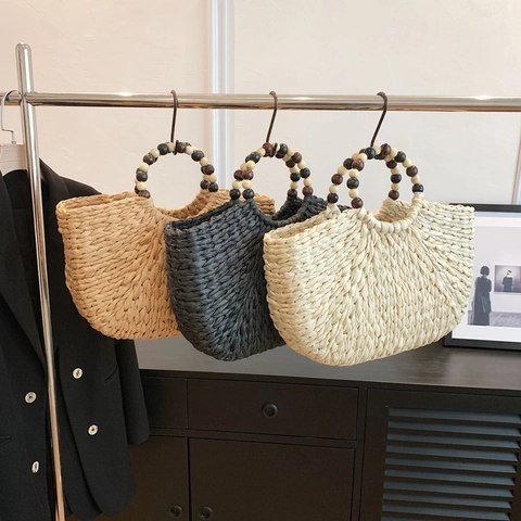 Borsa A Mano In Paglia Da Donna Con Manico In Perle Di Legno Semicerchio Retro Spiaggia