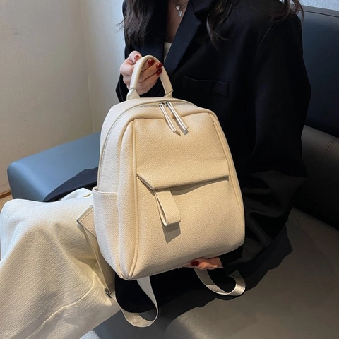 Women Backpack PU Leather Litchi Pattern Commuter Fashion Casual Solid Color School Shoulder Bag With Top Handle