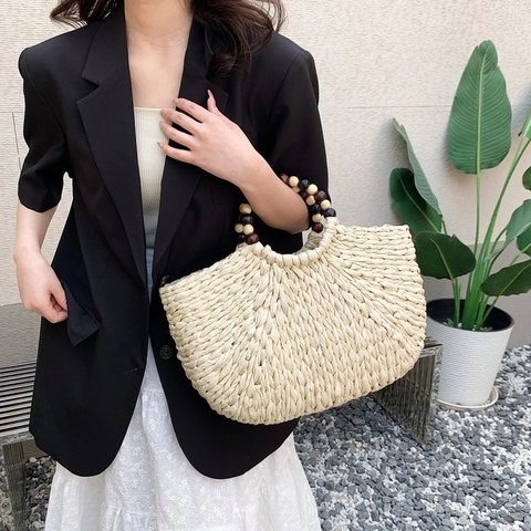 Borsa A Mano In Paglia Da Donna Con Manico In Perle Di Legno Semicerchio Retro Spiaggia