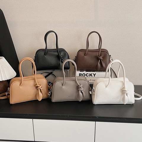 Borsa A Mano Boston Da Donna In Pelle PU Con Motivo Litchi Chic Borsa A Tracolla Con Doppio Manico Decorazione A Nodo Versatile