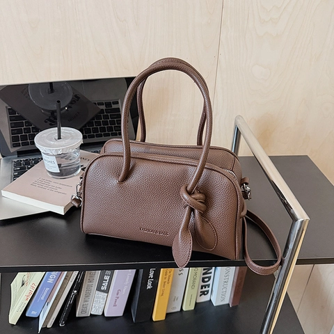 Borsa A Mano Boston Da Donna In Pelle PU Con Motivo Litchi Chic Borsa A Tracolla Con Doppio Manico Decorazione A Nodo Versatile