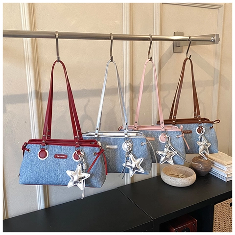 Borsa A Spalla Denim Retrò Finiture In Pelle PU Contrasto Pendente Stella Chic Moda Y2K Borsa Quadrata