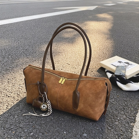 Vintage Suede Τσάντα Ώμου Με Ορθογώνιο Σχέδιο Και Καρδιά Διπλό Φερμουάρ Κομψή Τσάντα Χειρός