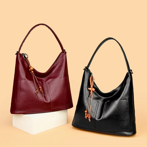 Borsa Hobo In Pelle PU Da Donna Grande Capacità Motivo Litchi Doppie Tasche Nappa In Perline Di Legno Borsa A Tracolla Urban Retro