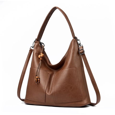 Borsa Hobo In Pelle PU Da Donna Grande Capacità Motivo Litchi Doppie Tasche Nappa In Perline Di Legno Borsa A Tracolla Urban Retro