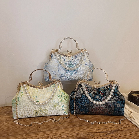 Vintage Abendtasche Jacquard Stickerei Künstliche Perlengriff Abnehmbare Kette Qipao Accessoire Chinesischer Stil Damen Clutch Handtasche