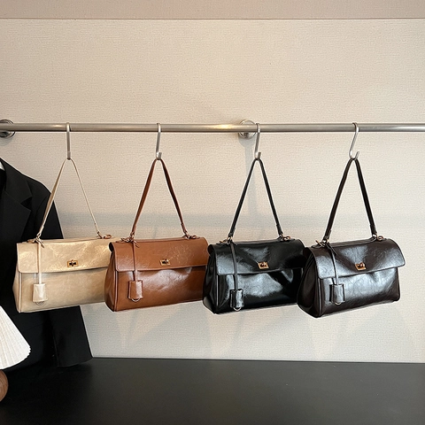 Borsa A Tracolla Da Donna In Pelle PU Grande Capacità Retrò Borsa A Mano Ufficio Lavoro Finitura Lucida Chiusura In Metallo